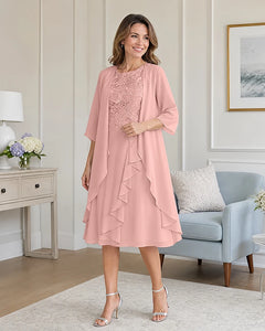 Floral-Lace-Top-Midi-Dress-Matching-Ruffle-Chiffon-Shrug-Blushing-Pink-1