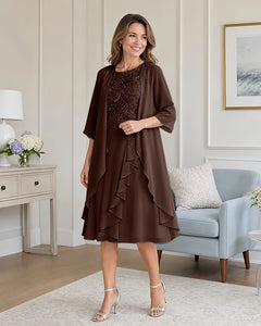 Floral-Lace-Top-Midi-Dress-Matching-Ruffle-Chiffon-Shrug-Brown-1