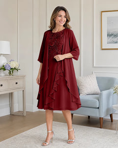 Floral-Lace-Top-Midi-Dress-Matching-Ruffle-Chiffon-Shrug-Burgundy-1