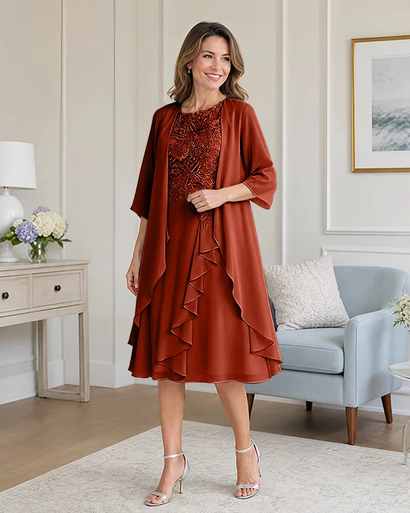Floral-Lace-Top-Midi-Dress-Matching-Ruffle-Chiffon-Shrug-Burnt-Orange-1