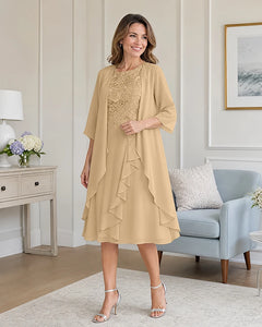Floral-Lace-Top-Midi-Dress-Matching-Ruffle-Chiffon-Shrug-Champagne-1