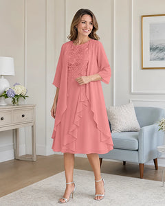 Floral-Lace-Top-Midi-Dress-Matching-Ruffle-Chiffon-Shrug-Coral-1