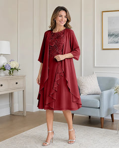 Floral-Lace-Top-Midi-Dress-Matching-Ruffle-Chiffon-Shrug-Desert-Rose-1
