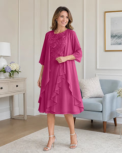 Floral-Lace-Top-Midi-Dress-Matching-Ruffle-Chiffon-Shrug-Fuchsia-1