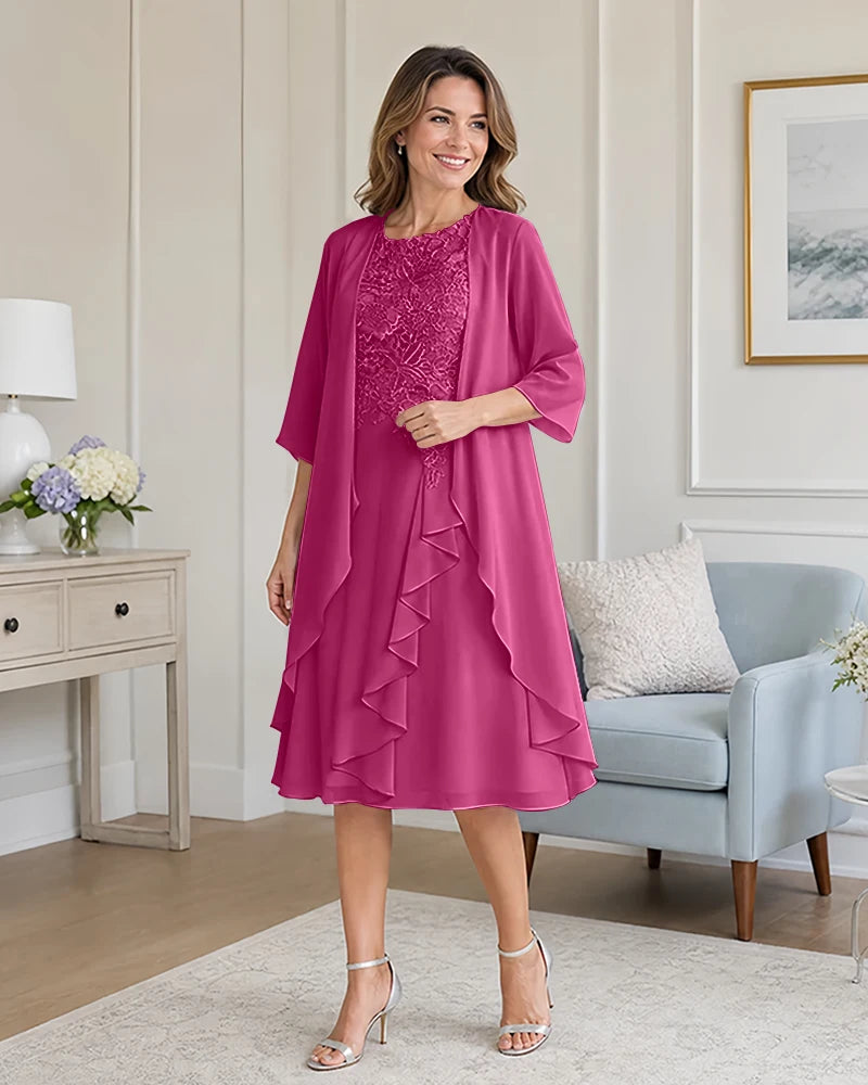 Floral-Lace-Top-Midi-Dress-Matching-Ruffle-Chiffon-Shrug-Fuchsia-1