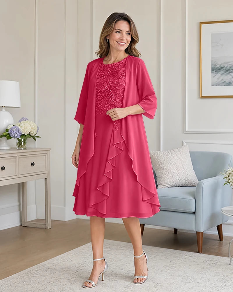 Floral-Lace-Top-Midi-Dress-Matching-Ruffle-Chiffon-Shrug-Hot-Pink-1