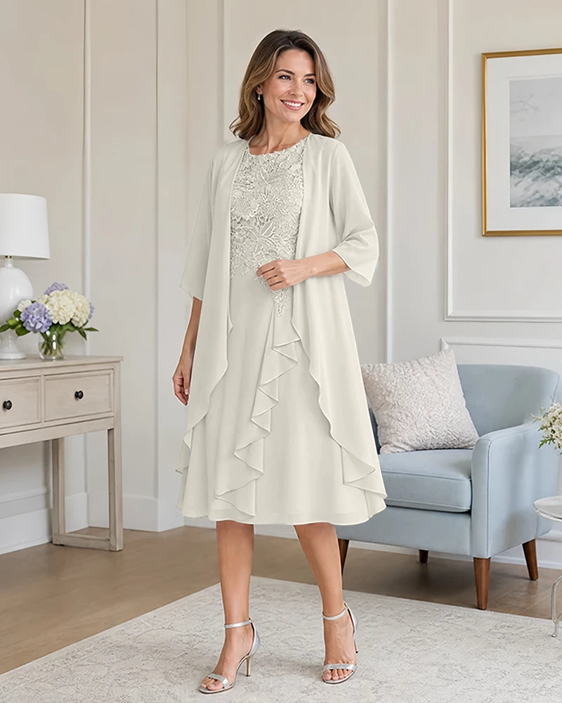 Floral-Lace-Top-Midi-Dress-Matching-Ruffle-Chiffon-Shrug-Ivory-1