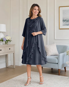 Floral-Lace-Top-Midi-Dress-Matching-Ruffle-Chiffon-Shrug-Navy-Blue-1