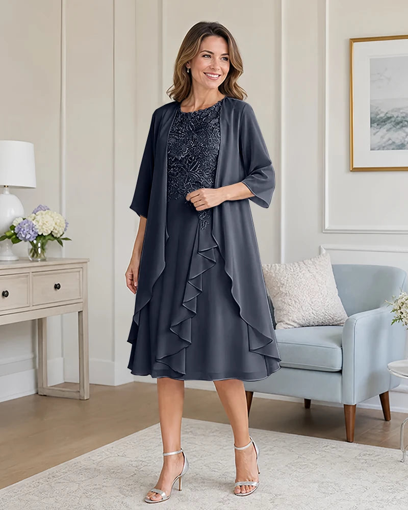 Floral-Lace-Top-Midi-Dress-Matching-Ruffle-Chiffon-Shrug-Navy-Blue-1