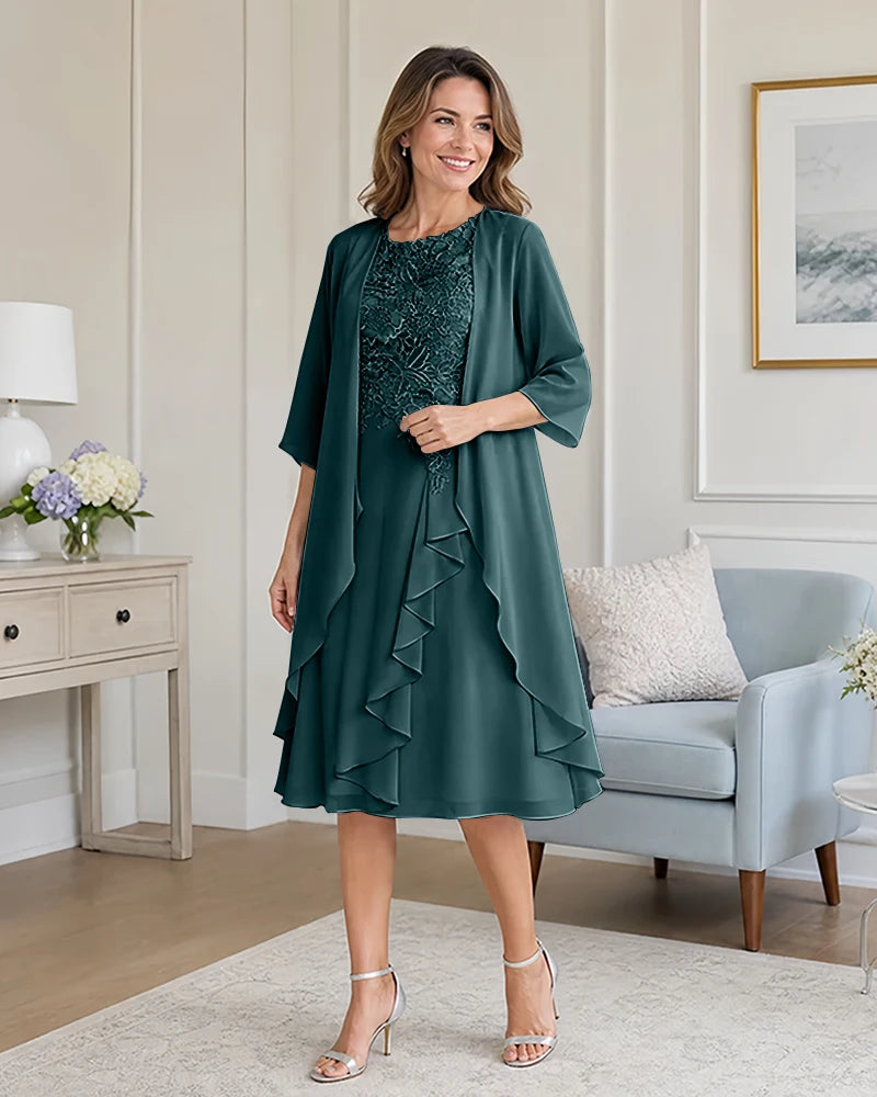 Floral-Lace-Top-Midi-Dress-Matching-Ruffle-Chiffon-Shrug-Peacock-1