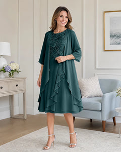 Floral-Lace-Top-Midi-Dress-Matching-Ruffle-Chiffon-Shrug-Peacock-1