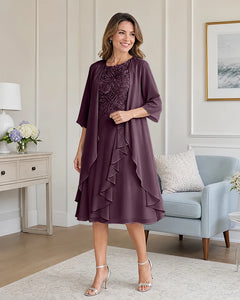 Floral-Lace-Top-Midi-Dress-Matching-Ruffle-Chiffon-Shrug-Plum-1