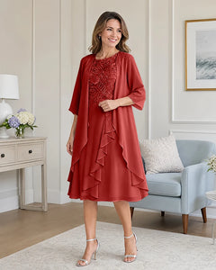 Floral-Lace-Top-Midi-Dress-Matching-Ruffle-Chiffon-Shrug-Red-1