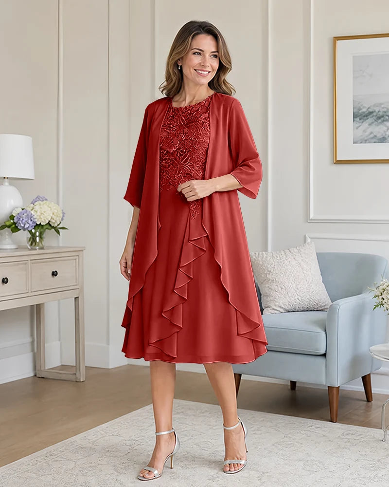 Floral-Lace-Top-Midi-Dress-Matching-Ruffle-Chiffon-Shrug-Red-1