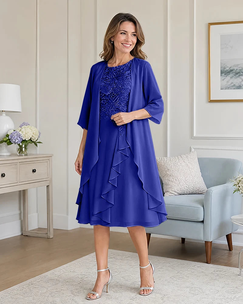 Floral-Lace-Top-Midi-Dress-Matching-Ruffle-Chiffon-Shrug-Royal-Blue-1