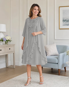Floral-Lace-Top-Midi-Dress-Matching-Ruffle-Chiffon-Shrug-Silver-1