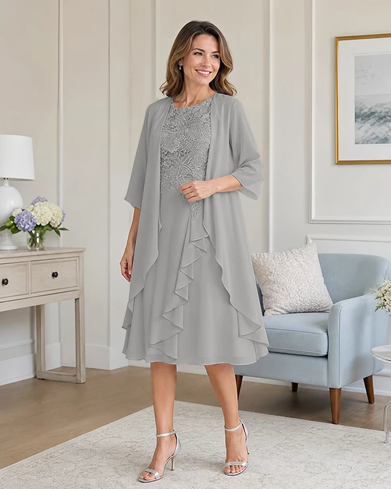 Floral-Lace-Top-Midi-Dress-Matching-Ruffle-Chiffon-Shrug-Silver-1