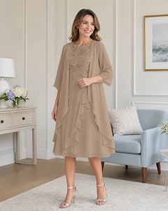 Floral-Lace-Top-Midi-Dress-Matching-Ruffle-Chiffon-Shrug-Taupe-1