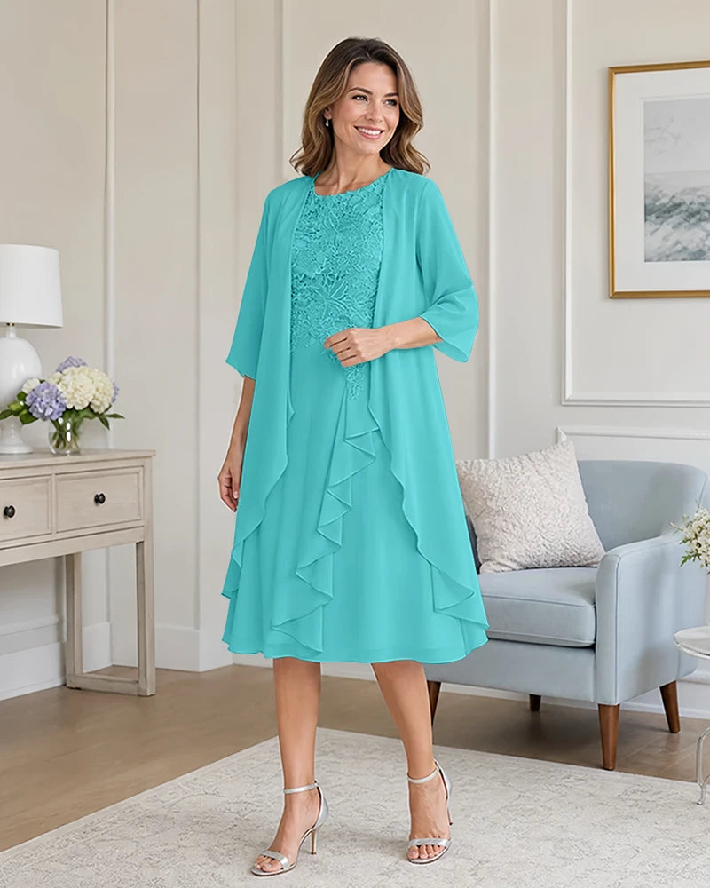 Floral-Lace-Top-Midi-Dress-Matching-Ruffle-Chiffon-Shrug-Turquoise-1