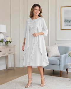 Floral-Lace-Top-Midi-Dress-Matching-Ruffle-Chiffon-Shrug-White-1