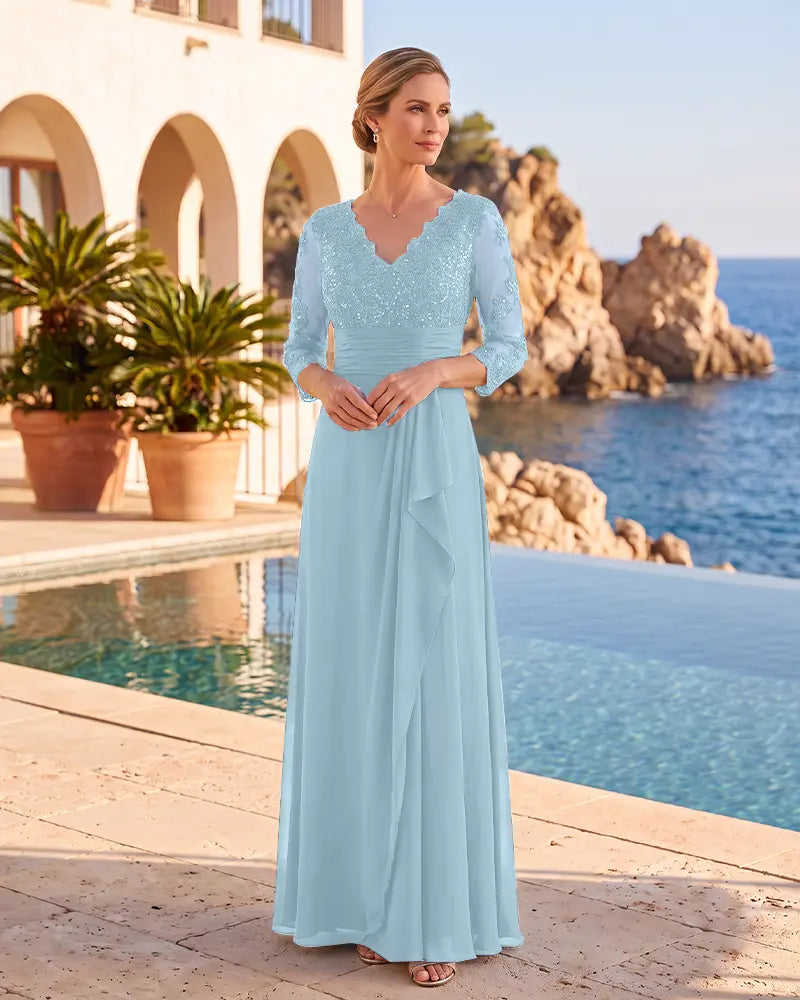 V Neck Lace 3/4 Sleeves Chiffon Mother of the Bride Dress