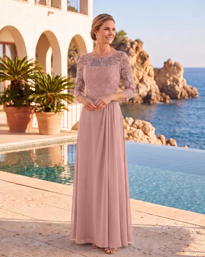 Boat Neck Lace 3/4 Sleeves Chiffon Mother of the Bride Dress