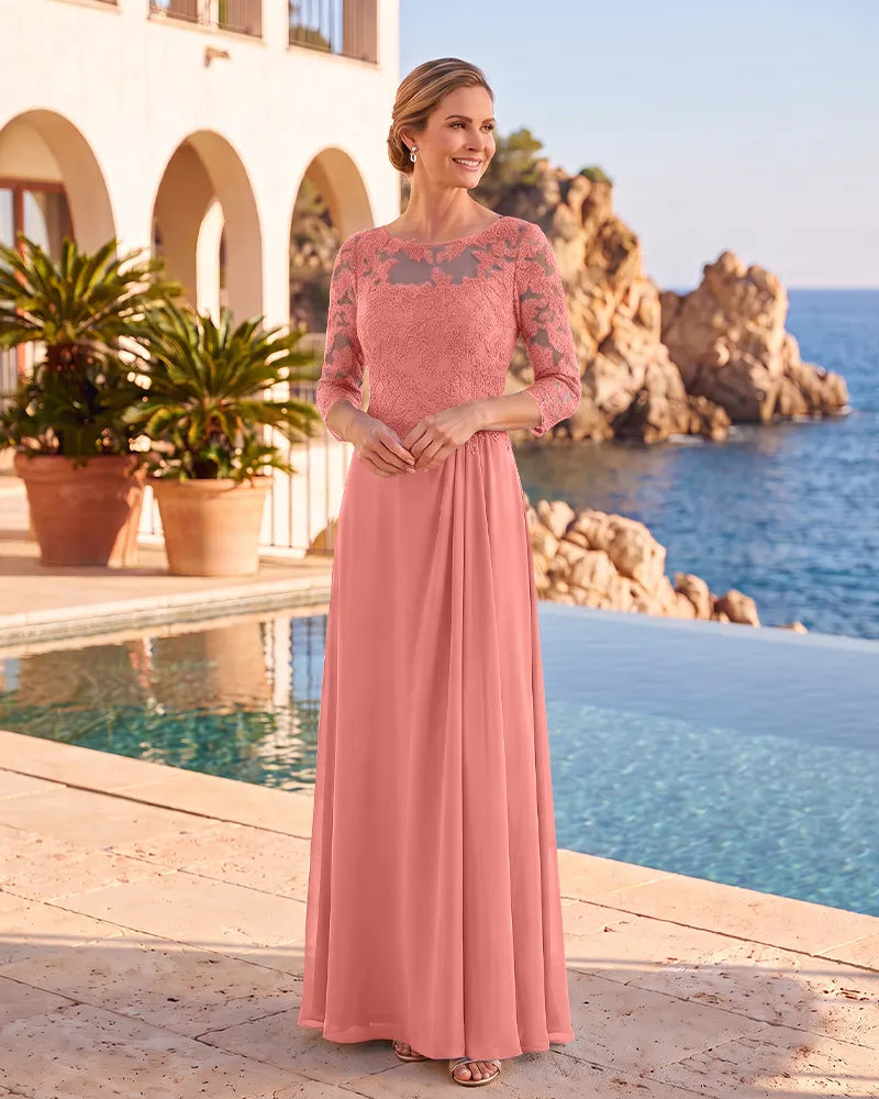 Boat Neck Lace 3/4 Sleeves Chiffon Mother of the Bride Dress