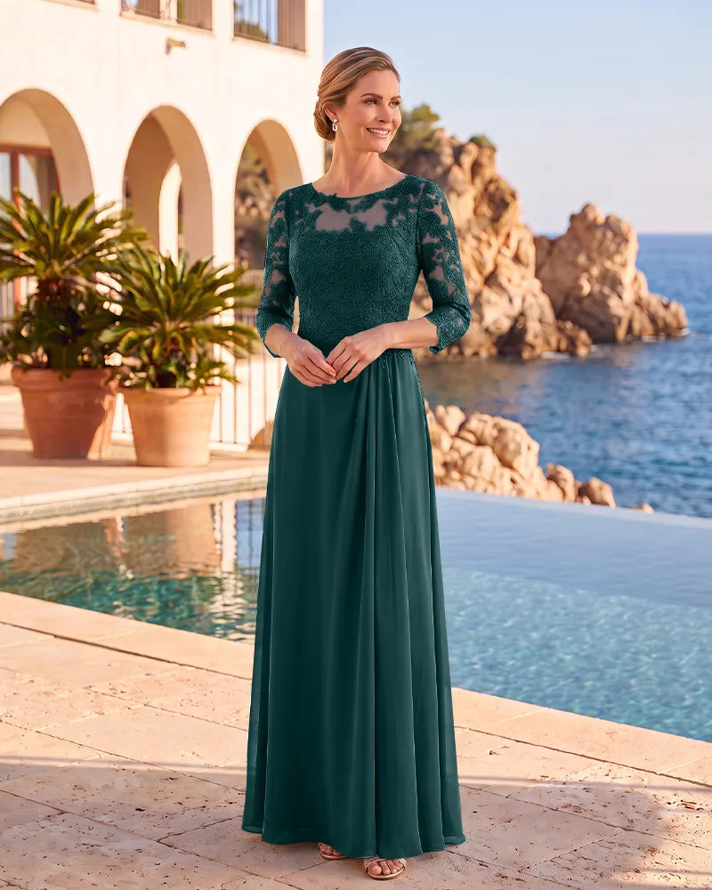 Boat Neck Lace 3/4 Sleeves Chiffon Mother of the Bride Dress