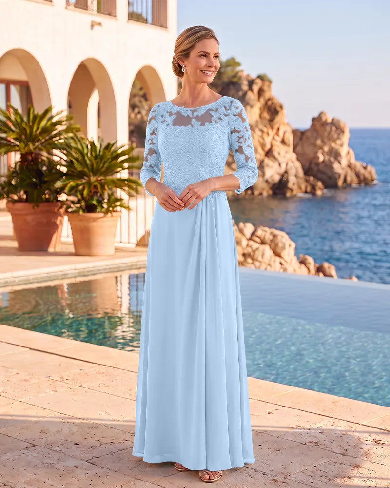 Boat Neck Lace 3/4 Sleeves Chiffon Mother of the Bride Dress